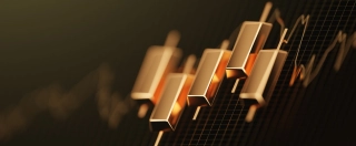 Business gold candlestick investment stock exchange wealth financial concept on 3d golden trade market background of growth finance chart success commercial graph diagram or savings trading value.