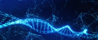 DNA, helix model medicine and network connection lines for technology concept on blue background, 3d illustration.