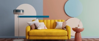 Midcentury modern interior design with yellow sofa and decoration wall.