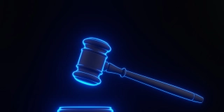 Judge gavelwith bright glowing futuristic blue neon lights on black background. Bidding at auctions. Liability for corruption. Protection of rights. Law and fine. Tax avoidance. 3D render illustration.